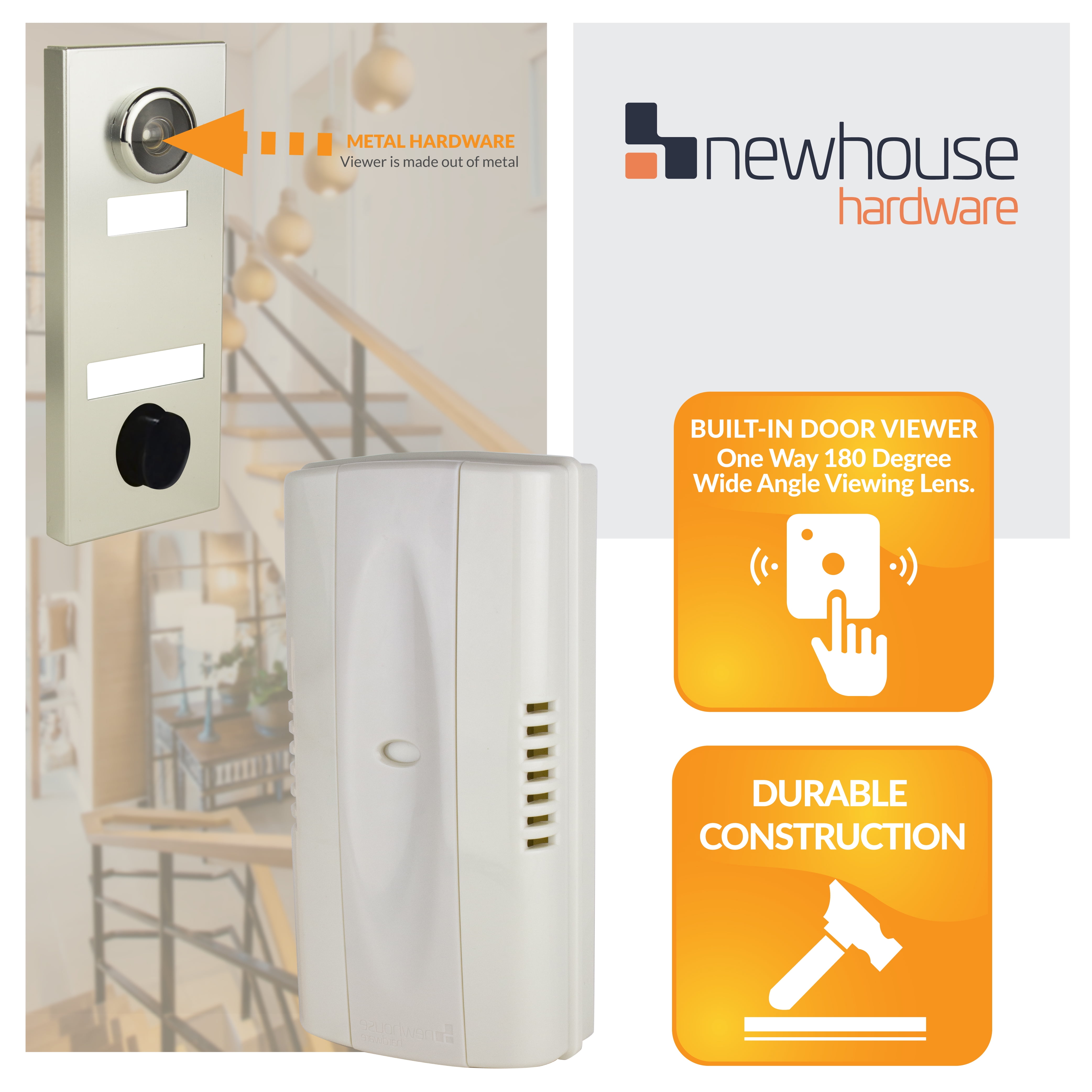 Newhouse Hardware MC145S Wireless Mechanical Two-Note Chime and Door Button with Built-in Viewer, Silver