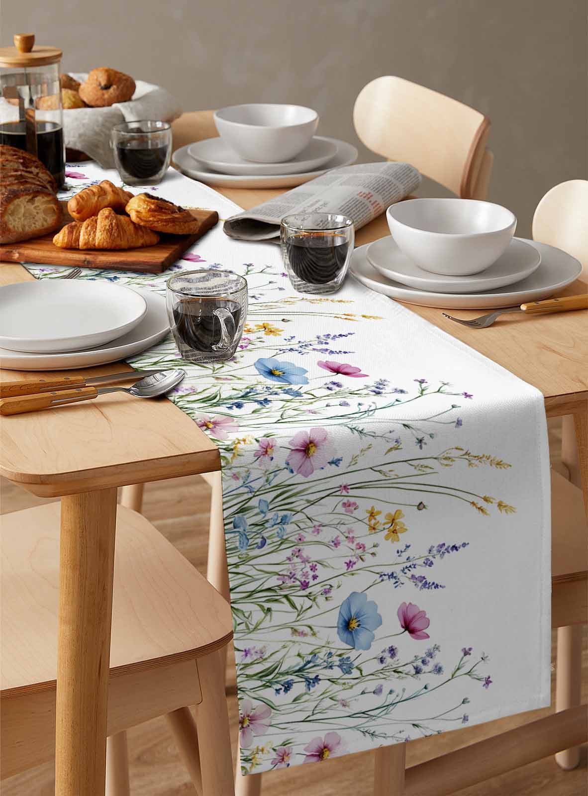 Hokiten Table Runners 108 Inches Long Dress Scarves, Spring Floral Farmhouse Coffee/Dining/Kitchen Table Runner for Living Room, Colorful Botanical Wildflower Summer 13x108 Inch
