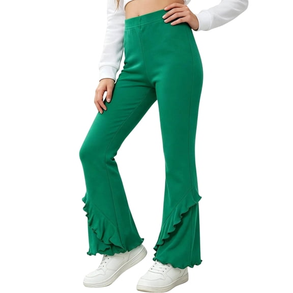XIYON Girls Pants Solid Color Ruffled Flare Pants Kids Comfortable Trousers for Play and Everyday Wear