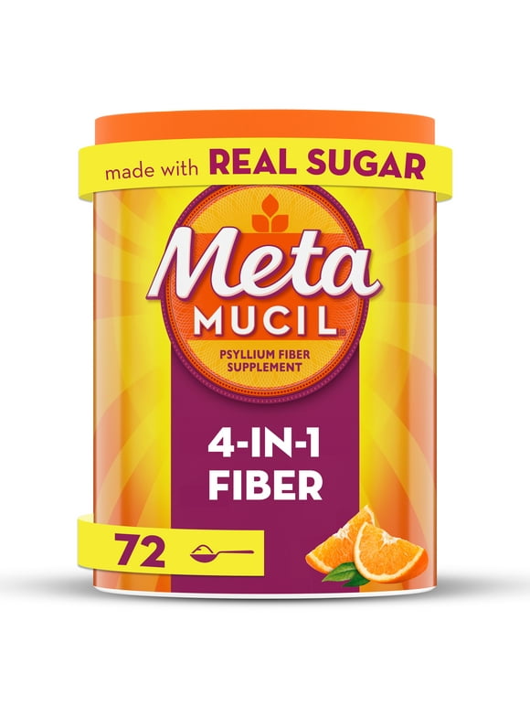 Metamucil Fiber Supplement, Psyllium Husk Fiber Powder for Digestive Health, Real Sugar, 72 Servings