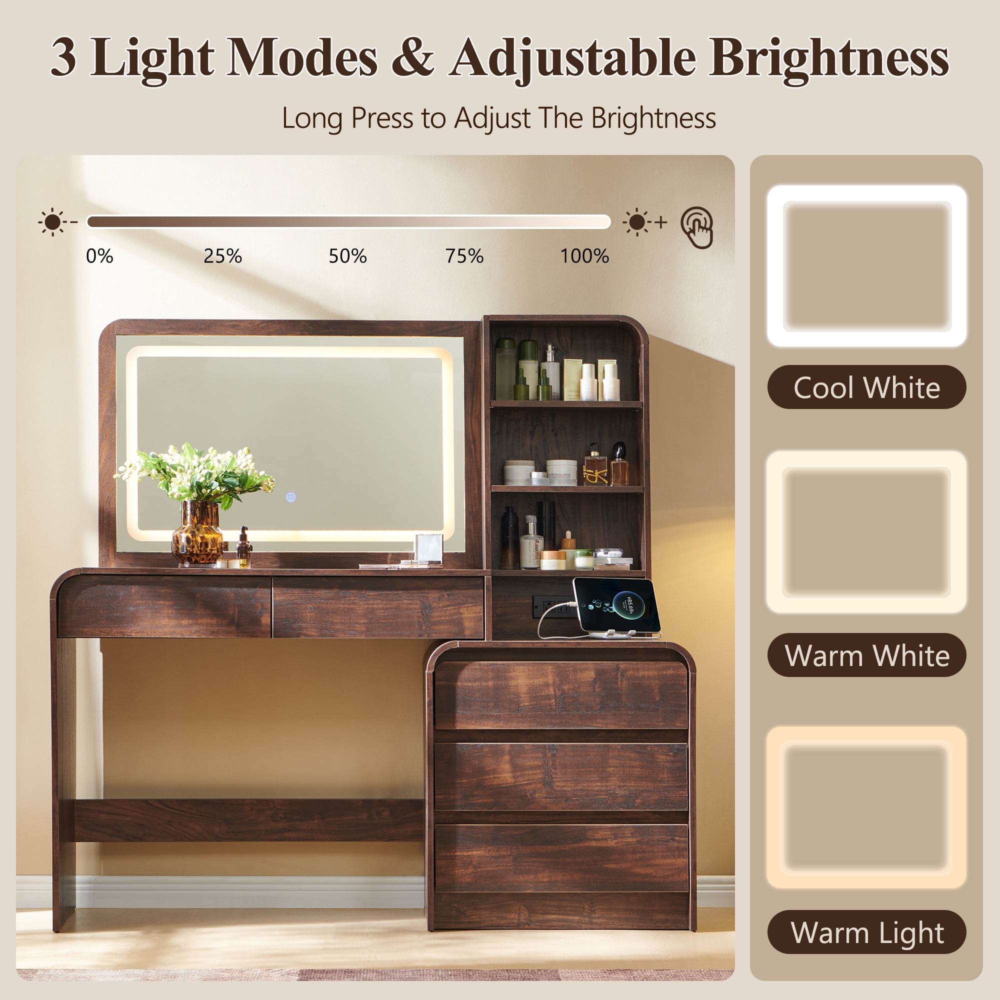 wow97e Modern Vanity Desk with Touch Screen LED Mirror, 55" Big Make Up Table with 5 Drawers , Wood Dressing Tablew/3 Color Available, Charging Station
