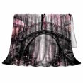 thumbnail image 2 of Romantic Couple On A Pink Blossom Bridge, Cozy Flannel Blanket with Romantic Painterly Cityscape Print, Housewarming Gift for Romantic Cityscape Admirers, Home Decor for Bedroom and Living Room, 2 of 7