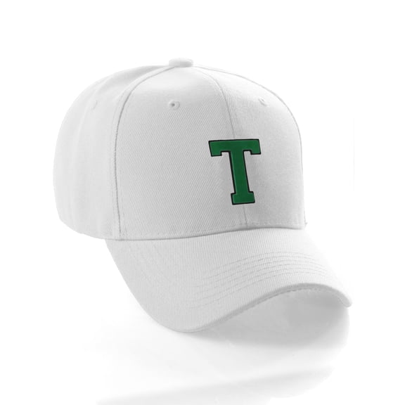 Classic Baseball Hat Custom A to Z Initial Team Letter, White Cap Black Green Letter T