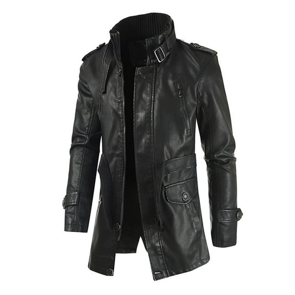 Men Mid-length Solid Artificial Leather Zipper Stand Collar Slim Jacket Coats