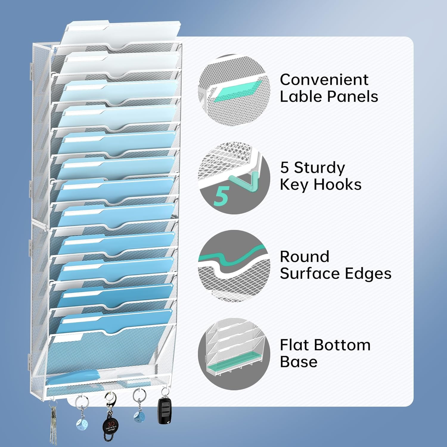 INTIGE 13-Tier Metal Hanging File Organizer with Hooks, Mesh Wall Paper Organizer for Office, White