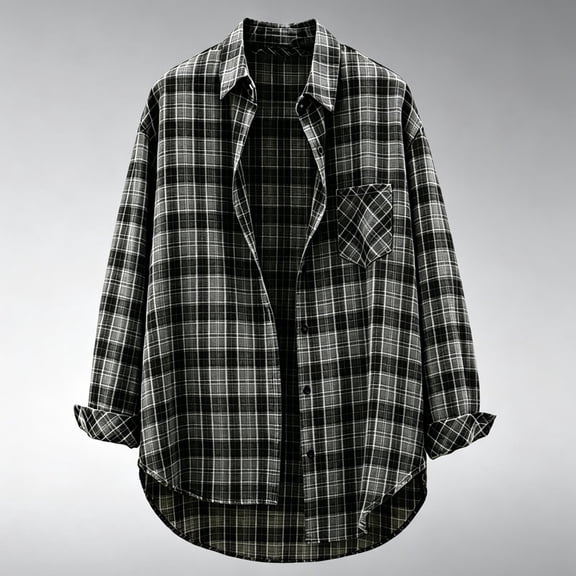 ClodeEU Women's Lapel Plaid Long Sleeve Button Down Shirt,Casual Slim Lightweight Blouse Black,Women's Plus L