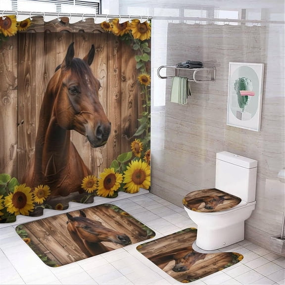 4Pcs Floral Leaves Horse Animal Shower Curtain Sets, 4pcs Vintage Rustic Sunflower Shower Curtains for Bathroom with Rugs, Toilet Lid Cover, Bath Mat, 72" x 72"