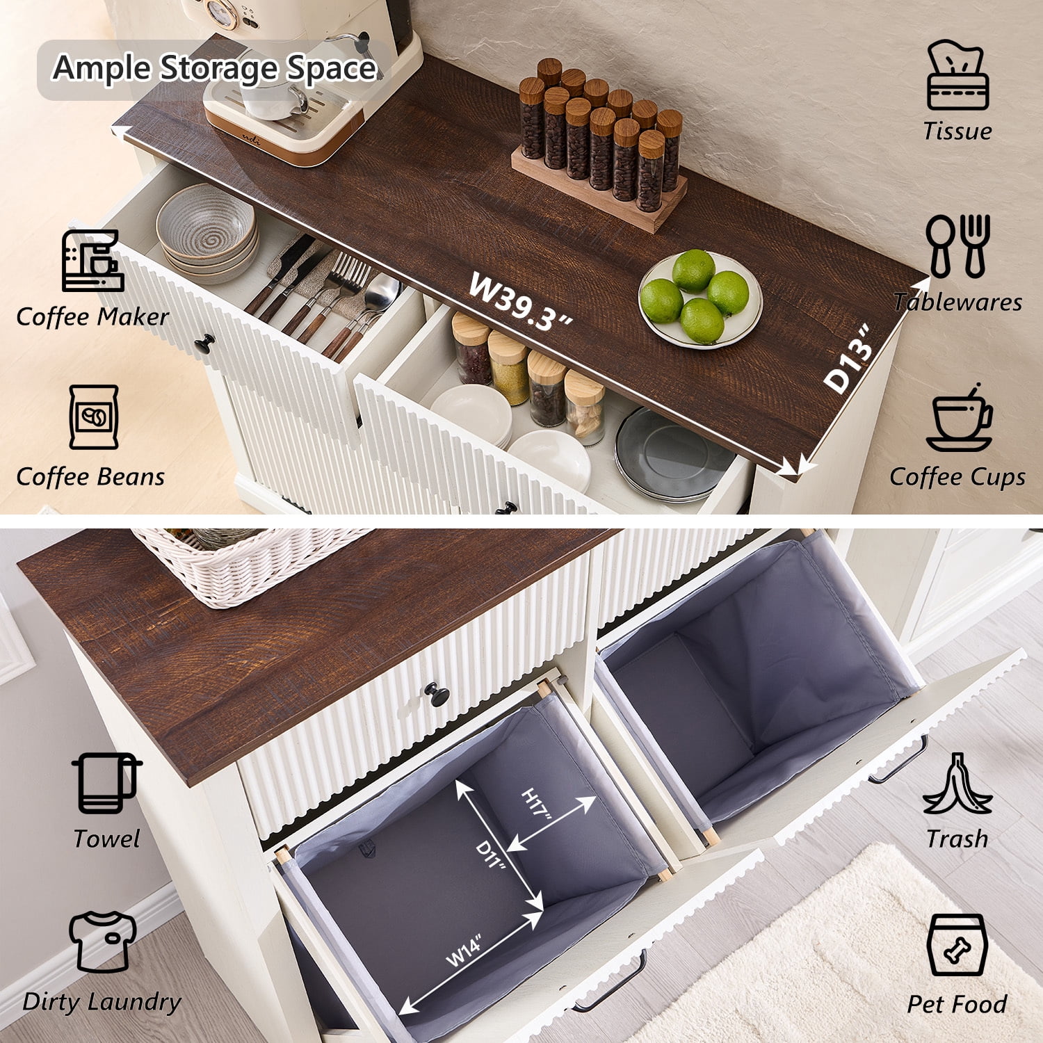 IFGET Double Fluted Tilt-Out Trash Can Cabinet, 20 Gallon Wood Hidden Garbage Can Cabinets with Storage Drawers, Laundry Hamper Cabinet for Bathroom, Kitchen