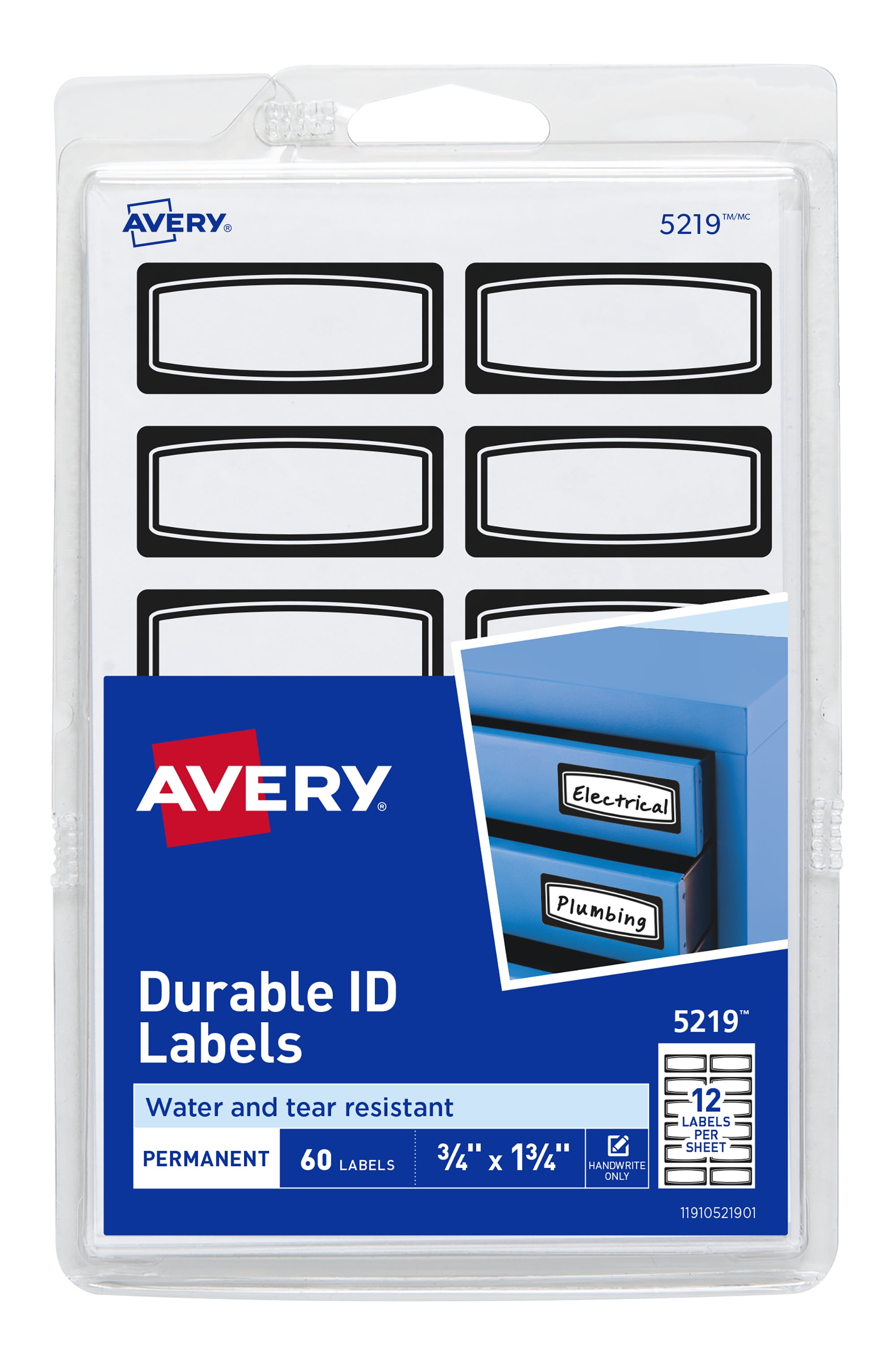 Avery Durable ID Labels, White with Black Border, 3/" x 1-3/4", Permanent, Handwrite, 60 Labels (15219)