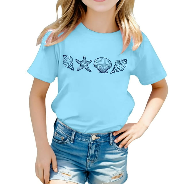 LUOGENLI T-Shirt pour Filles T-Shirt Décontracté Imprimé Col Rond Manches Courtes T-Shirt Décontracté Chemises de Printemps pour Filles 2025 Bleu Ciel 12-13 Ans