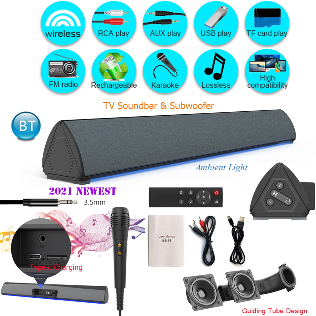 2021 New Sound Bar, Ambient Light, 20W Wireless Soundbar Home Theater Audio, Bluetooth TV Speaker with Remote 4 Built-in with Karaoke Microphone, FM Radio, Rechargeable, Black - Walmart.com