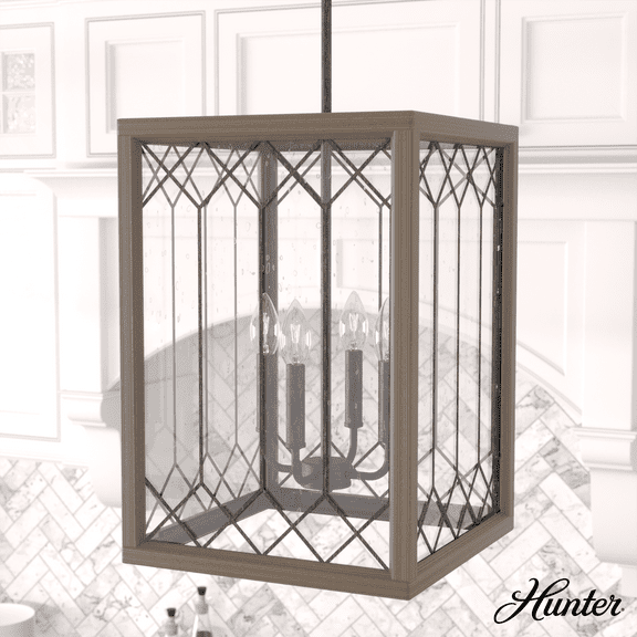 Hunter - Chevron 4-light Rustic Iron, Medium Size Pendant Light, Dimmable, Rectangle Shaped, for Bedrooms, Kitchens, Dining, Living Rooms - 19371