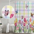 thumbnail image 4 of Tulips Spring Floral Shower Curtain Set - 48" x 72" Washable Bathtub Curtain with 12 Hooks, Flowers Butterfly Plaid Pastoral Waterproof Fabric Stall Shower Curtains for Bathroom/Bathtub Décor, 4 of 6
