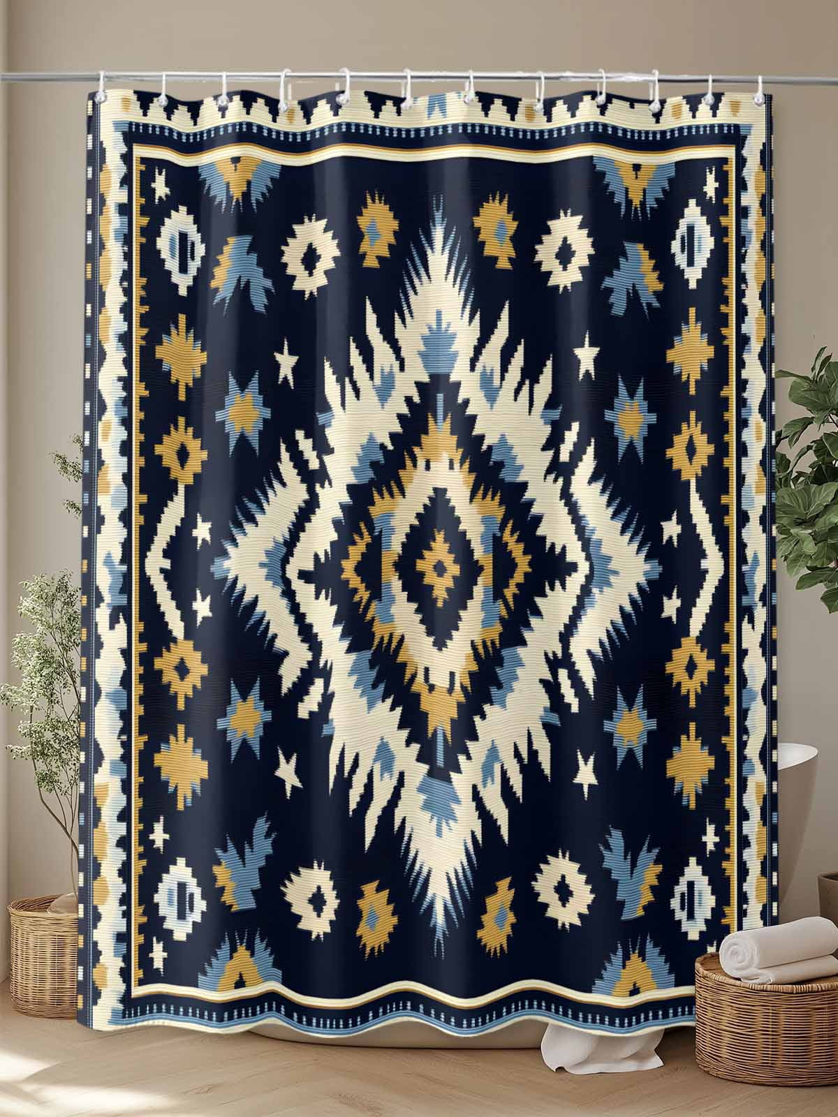 Boho Navy Blue Shower Curtain Set, Waterproof Shower Curtains for Bathroom, Ethnic Geometric Southwestern Retro Washable Fabric Cloth Bath Curtain for Bathtub Decoration with Hooks 72x78 Inches