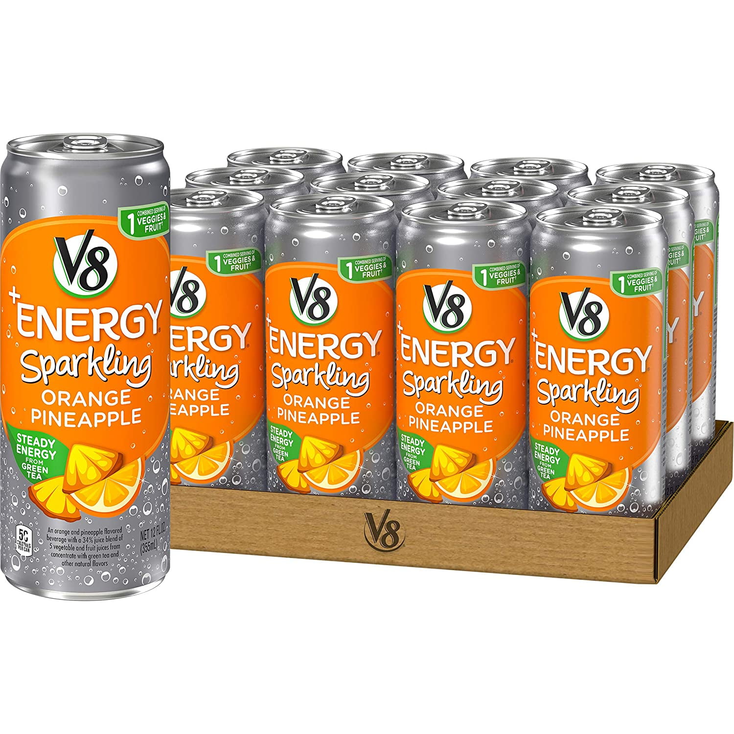 V8 +Energy, Sparkling Juice Drink with Green Tea, Orange Pineapple, 12 Fl Oz (Pack of 12