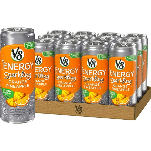 V8 +Energy, Sparkling Juice Drink with Green Tea, Orange Pineapple, 12