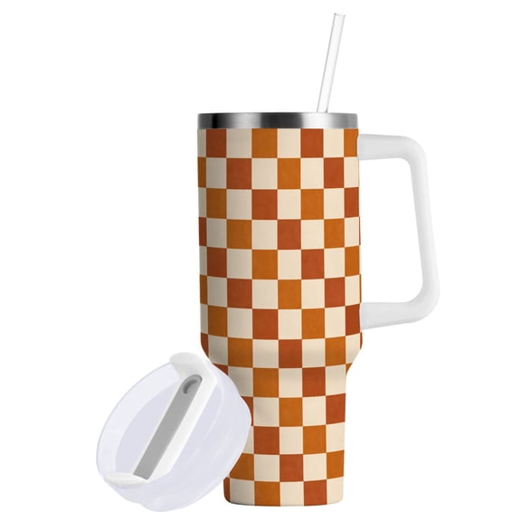 Yayeee 40oz Stainless Steel Tumbler with Straw and Handle Double-Wall Insulated Travel Water Bottle, Rusty Orange Plaid