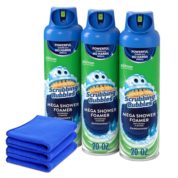 Scrubbing Bubbles Mega Shower Foamer Disinfecting Bathroom Cleaner, Rainshower Scent, 20 oz, 3 Count with Microfiber Cleaning Cloth Towels, 3 Pack Bundle