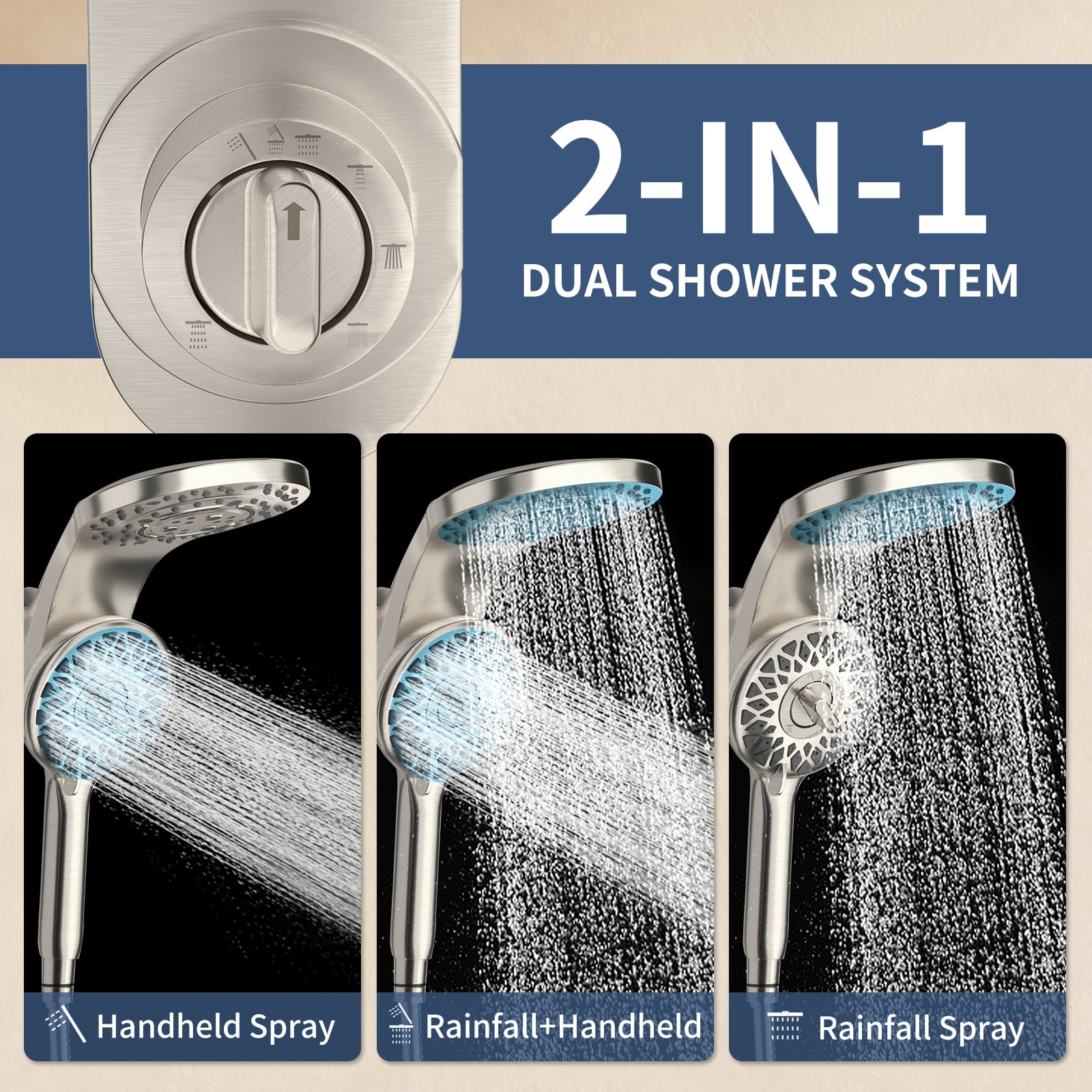 KAIYING Magnetic Handheld Shower Head and Rain Combo, Multi-Setting Spray with 71 Inch Hose, Brushed Nickel