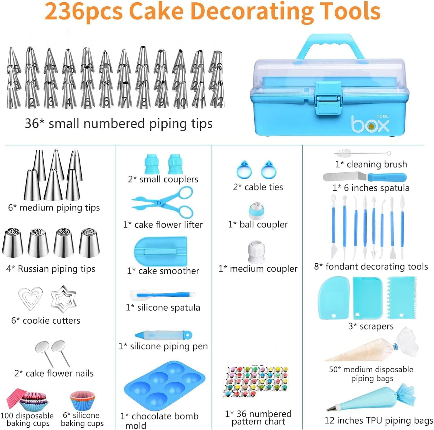 BSHAPPLUS 236Pcs Cake Decorating Supplies Set,Cupcake Decorating Supplies with Storage Box,Blue Baking Supplies Tools,Piping Bags and Tips Set,Cake Pans,Frosting Bags,Icing Tips Pastry,Cake Scrapers