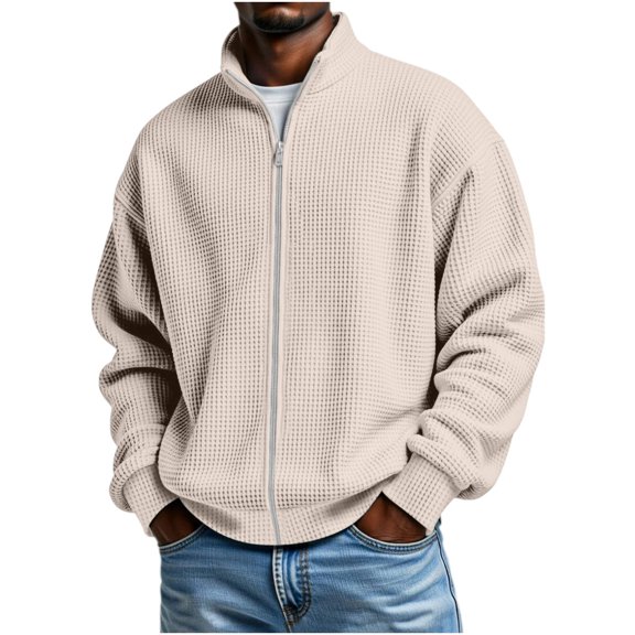 hoksml Men's Waffle Knit Full Zip Jacket Stand Collar Casual Sweatshirt for Fall Winter Daily Work Outdoor Comfort