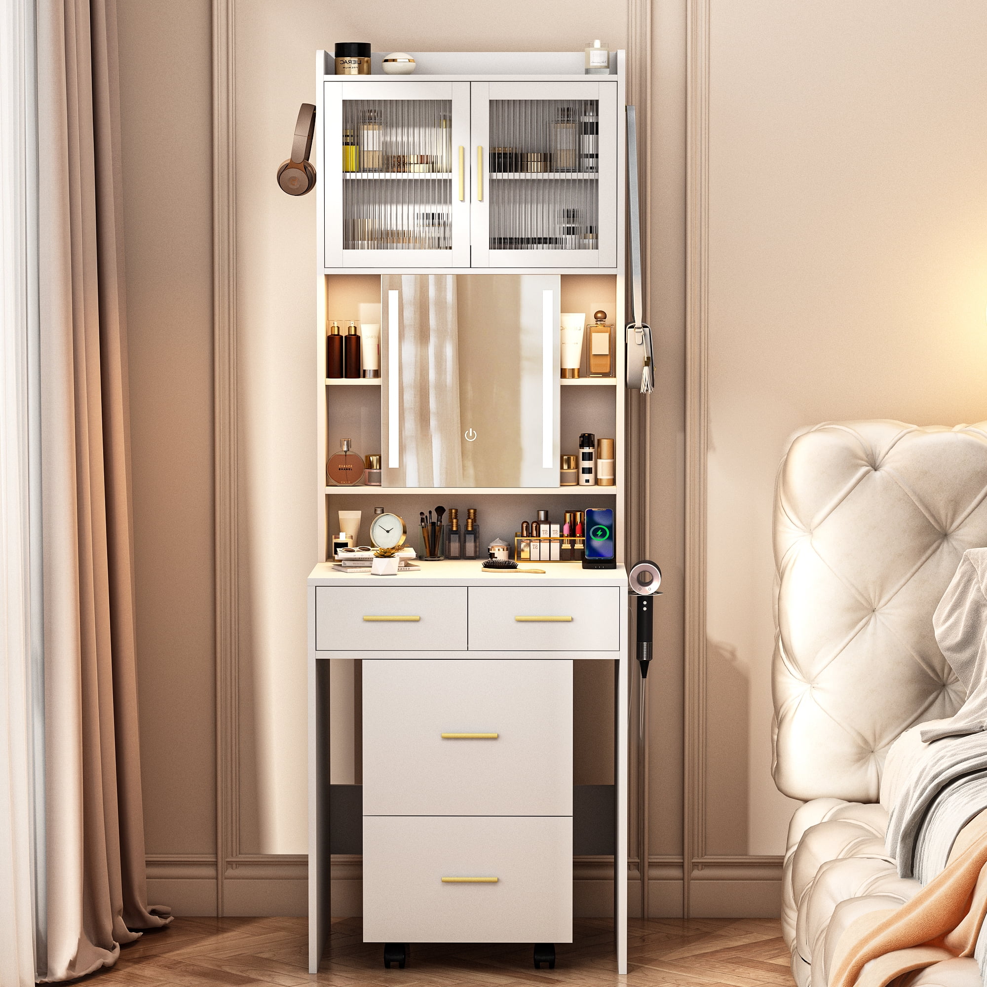 Ktaxon Makeup Vanity Table for Small Spaces, Vanity Table Set with Charging Station and Sliding Mirror, Bedroom Makeup Table, White