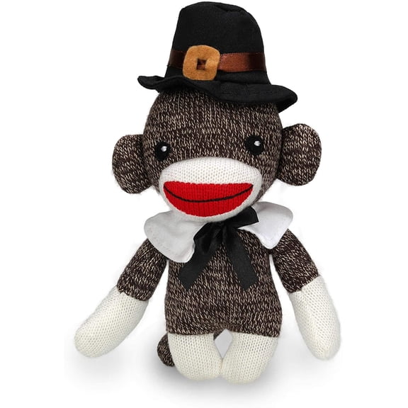 Plushland Stuffed Pilgrim Sock Monkey - Plush Toy for Kids on Thanksgiving Day – 6 inches