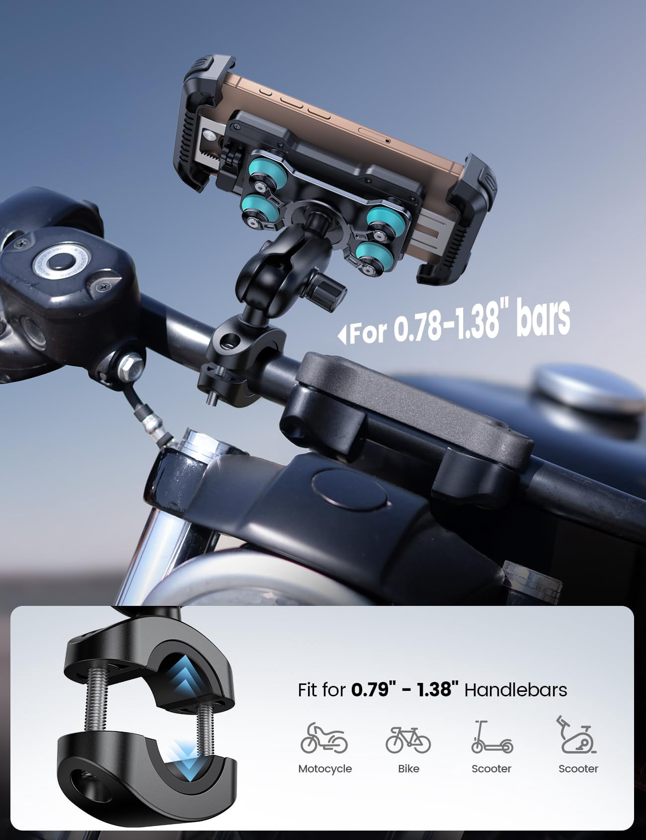 Motorcycle Phone Mount Holder - [Dual Vibration Dampener] [Metal Adjustment Arm] Motorcycle Cell Phone Holder, Bike Handlebar Phone Mount, Gifts for iPhone 16 15 14 Pro Max, 4.7-6.7" Phones