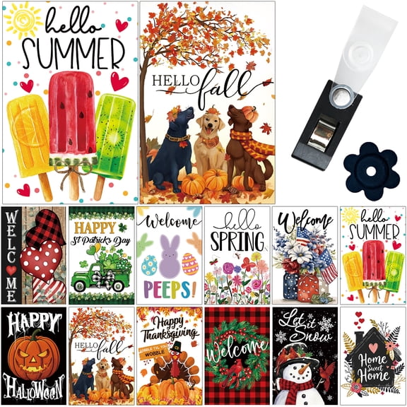 Yileqi Seasonal Garden Flag Set of 12 Double Sided 12x18 Inch Small Yard Flags, Easter 4th of July Halloween Christmas Garden Flags for Outside, Includes Free Anti Wind Clip and Stopper