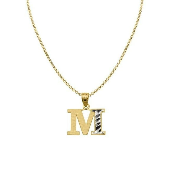 Precious Stars PT2056M-CH227-22 22 in. 14K Two Tone Gold Diamond-Cut Initial Letter M Pendant with 1.2 mm Rolo Chain
