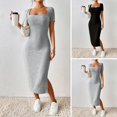 thumbnail image 2 of Skymirror Women Summer Dress Square Neck Split Hem Knitted Elastic Skinny Solid Color Mid-calf Length Short Sleeves Lady Party Commute Midi Dress, 2 of 8