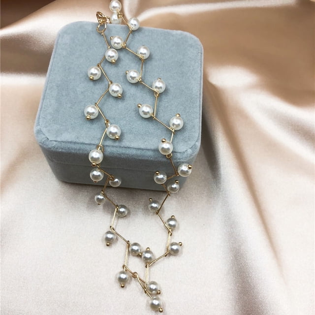 Collar de clavícula de perlas artificiales para mujer, cadena de hueso, joyería para el cuello, oro