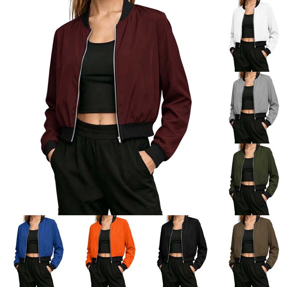 DYTTDG Women's Bomber Jacket Zip-Up Stand Collar Long Sleeve Solid Casual Lightweight Ribbed Cuffs Hem Short Outerwear