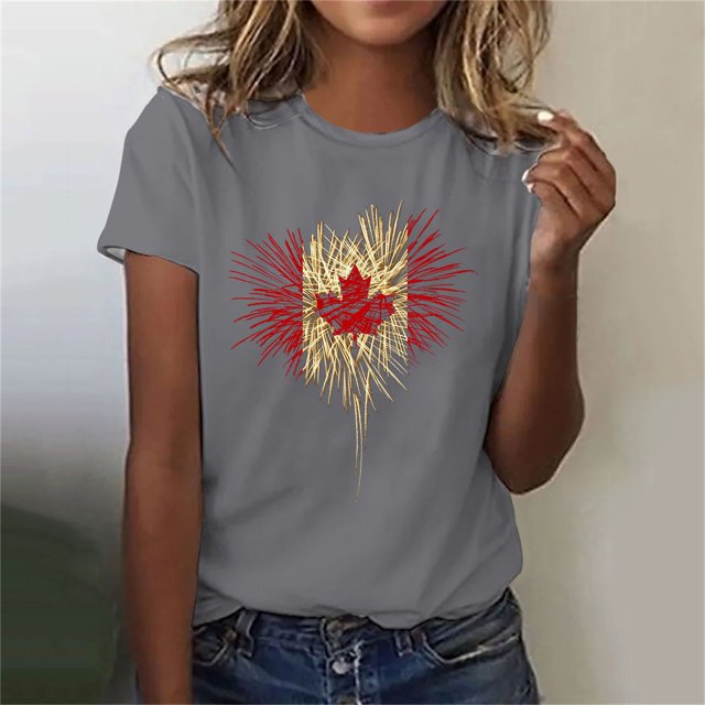 Fiudx Tops para Mujer Camiseta Informal de Manga Corta con Cuello Redondo y Estampado Del Día de La Independencia para Mujer