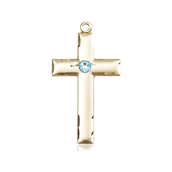 14kt Yellow Gold Cross Medal with 3mm March Blue Swarovski Crystal 1 1/8 x 5/8 inches