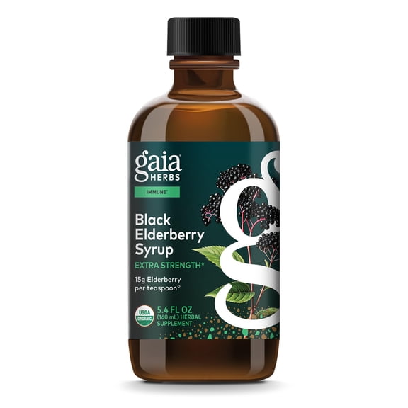 Gaia Herbs Black Elderberry Syrup - Made with Organic Black Elderberries (Sambucus nigra) for Immune System Support* - USDA Certified Organic Formula - 5.4 Fl Oz (About 32 to 128 Servings)