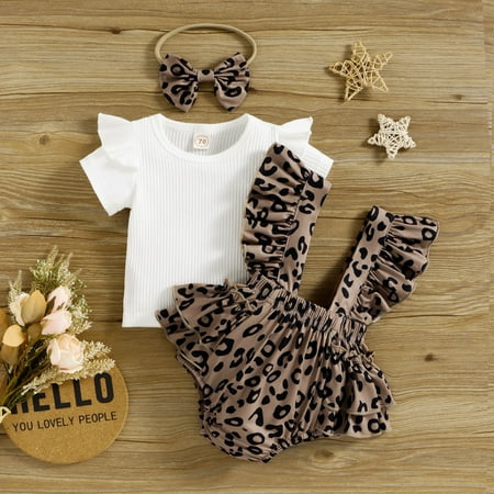 

nsendm Toddler Girls Short Sleeve Ribbed T Shirt Tops Ruffles Leopard Printed Suspenders Shorts Teen Outfits for Girls Childrenscostume Brown 9 Months