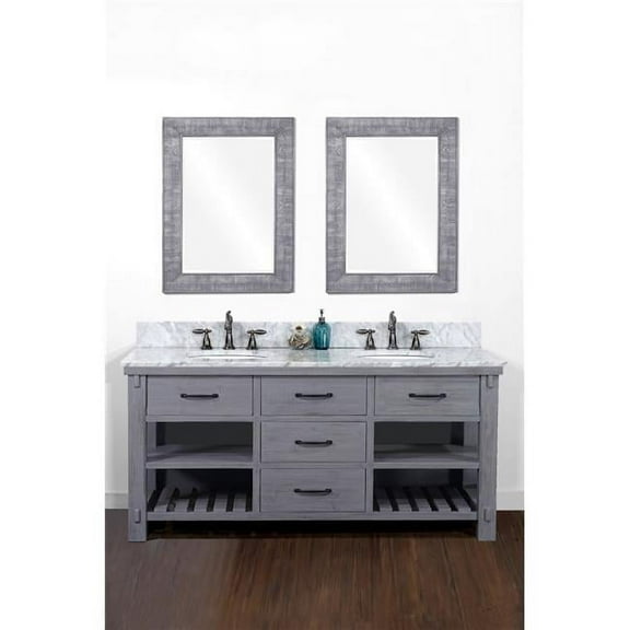 InFurniture WK8260-BG-CW TOP 60 in. Rustic Solid Fir Double Sink Vanity in Blue Grey Driftwood With Carrara White Marble Top-No Faucet