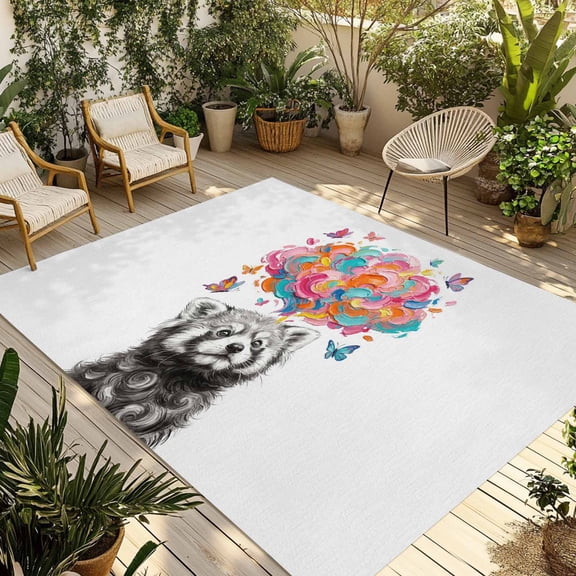 Funny Raccoon Outdoor Rug for Patio/Deck/Porch, Non-Slip Large Area Rug 4 x 6 Ft, Modern Abstract Art Colorful Clouds Indoor Outdoor Rugs Washable Area Rugs, Reversible Camping Rug Carpet Runner