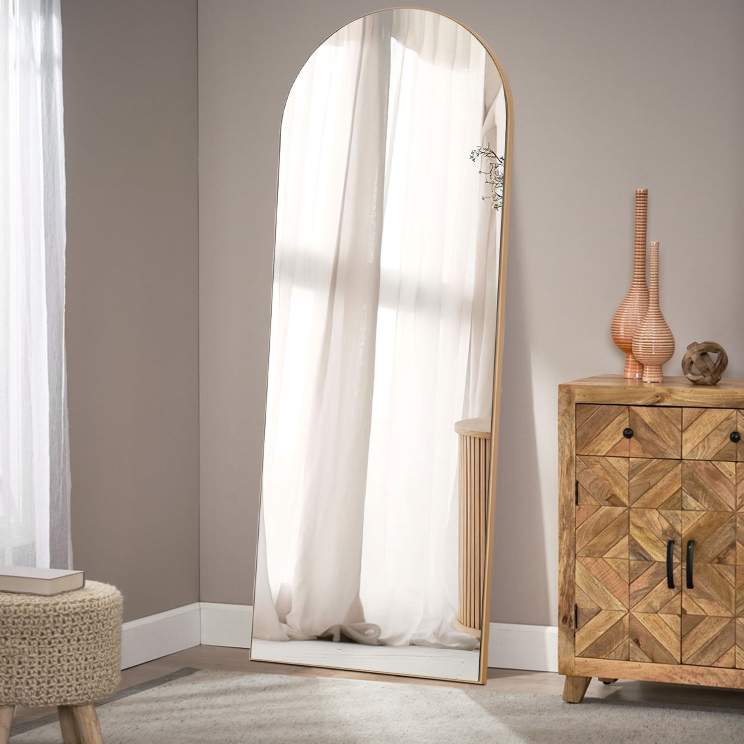 64"x21" Modern Arch Full Length Mirror Floor Mirror with Bracket,Wood Color