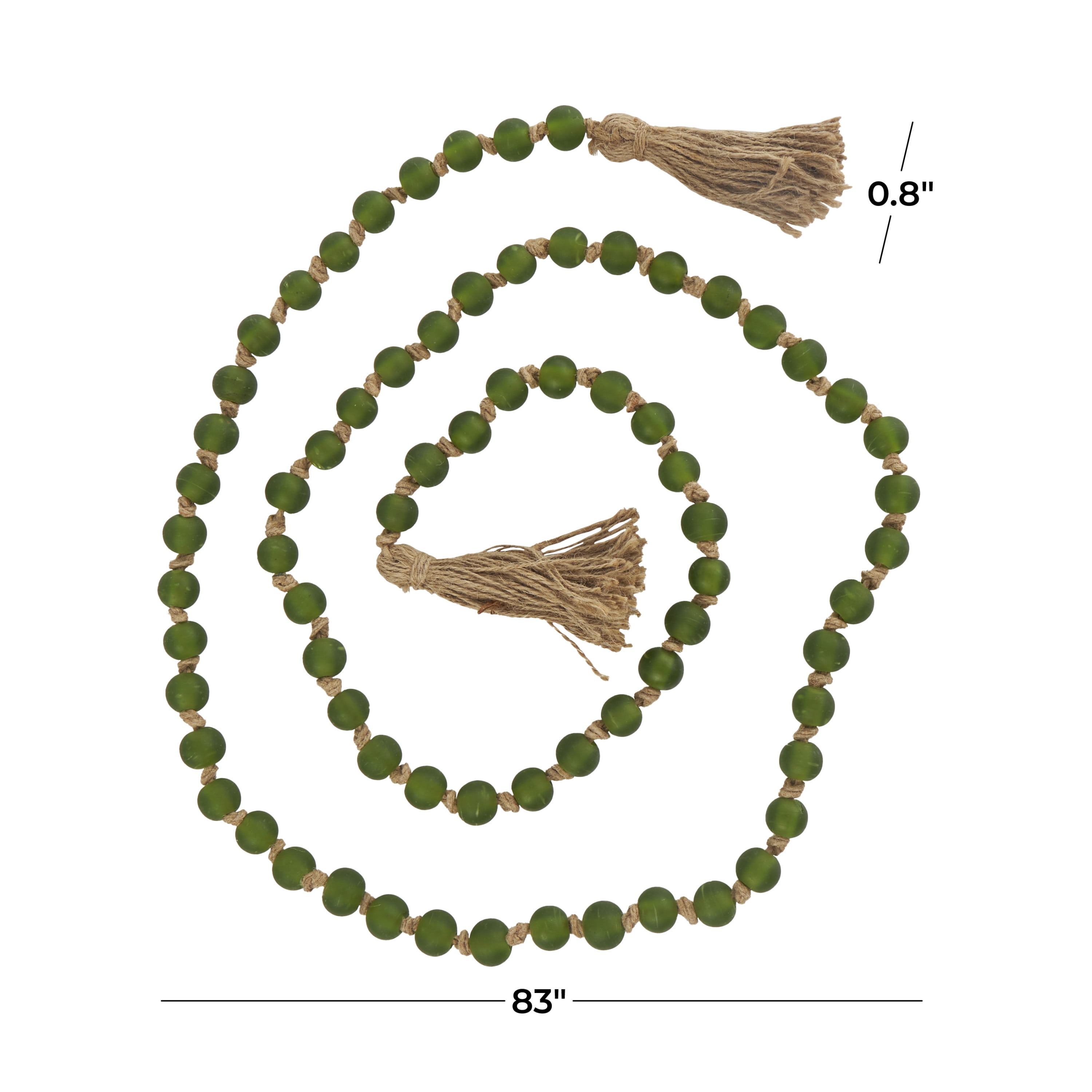 DecMode Handmade Round Long Frosted Beaded Green Glass Garland with Tassel with Knotted Brown Jute