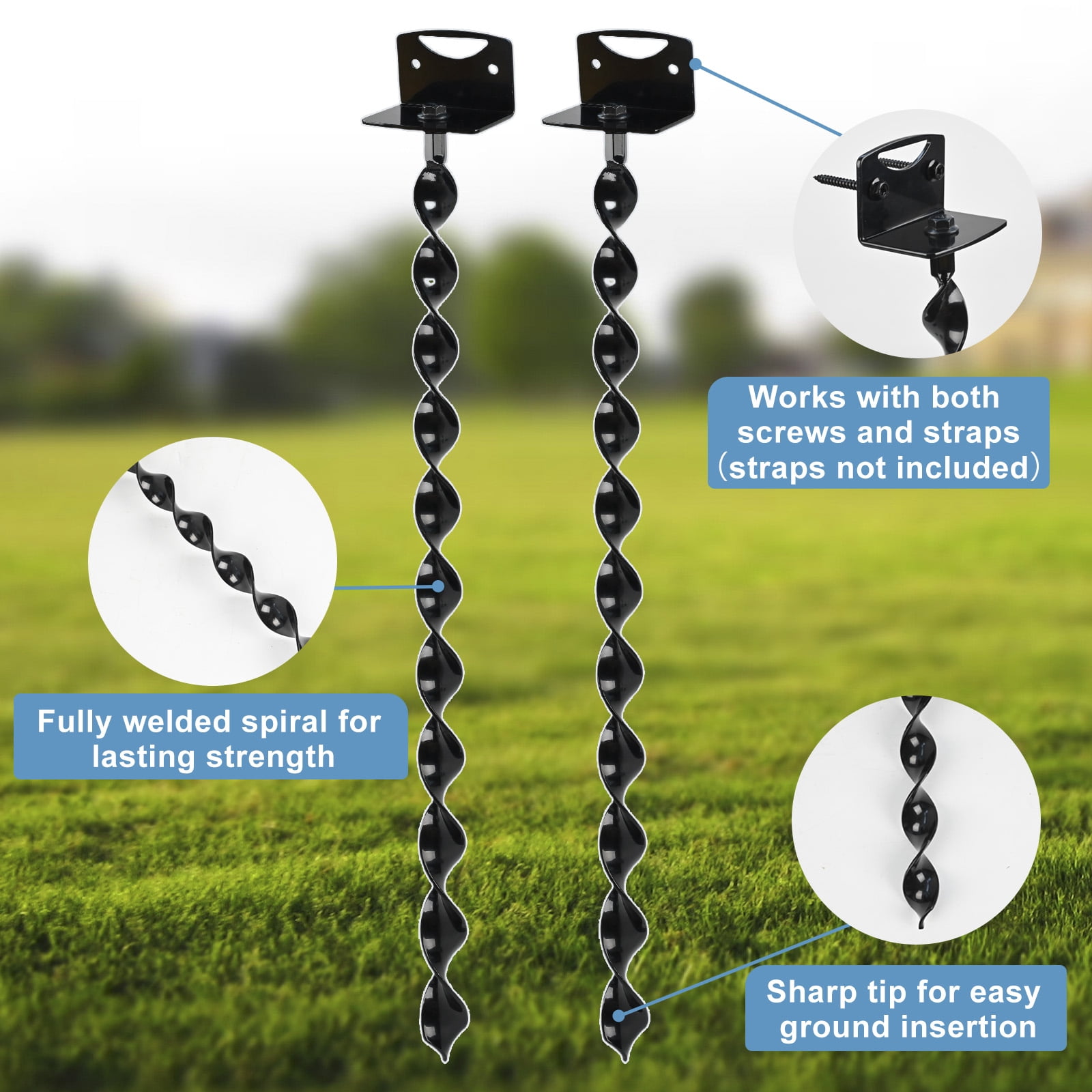 24" Heavy Duty Ground Anchors Screw in, 4 Pack Earth Anchors with Drill Adapter & Brackets, Metal Shed Anchor Kit for Storage Sheds, Mobile Home, Swing Set, Trampoline, Tent, Dog Tie-Out (No Straps)