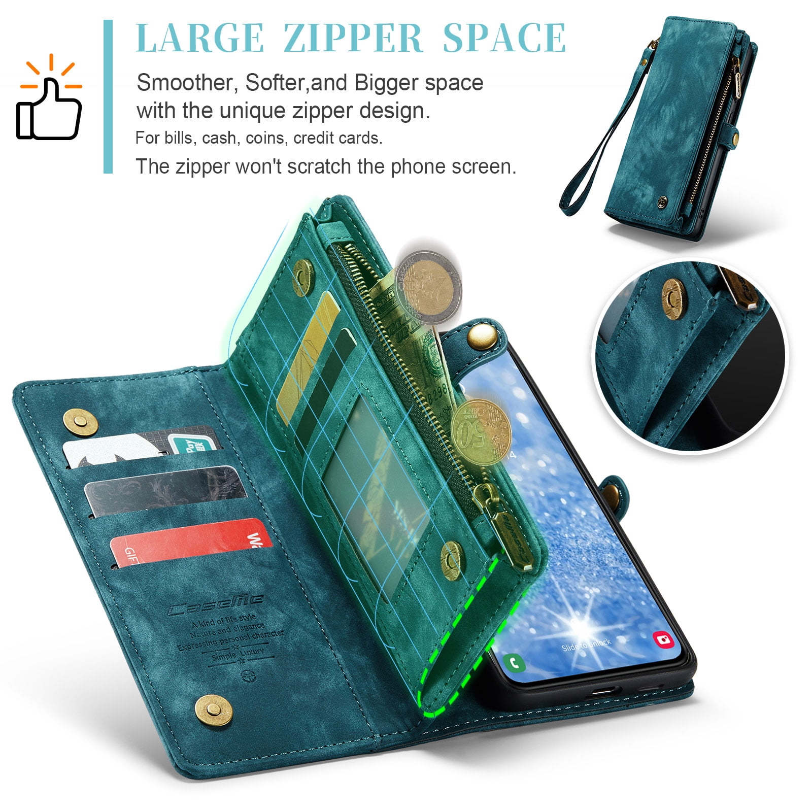 Allytech Magnetic Detachable Wallet Case for Samsung Galaxy A16 5G with Card Slots & Zipper Pocket, Support Wireless Charging, PU Leather Wrist Strap Shockproof Full Protection Flip Case, Green