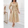 thumbnail image 3 of Women Gold Jacquard Floral 2-Piece Suit Elegant Pleated Midi Dress, 3 of 6