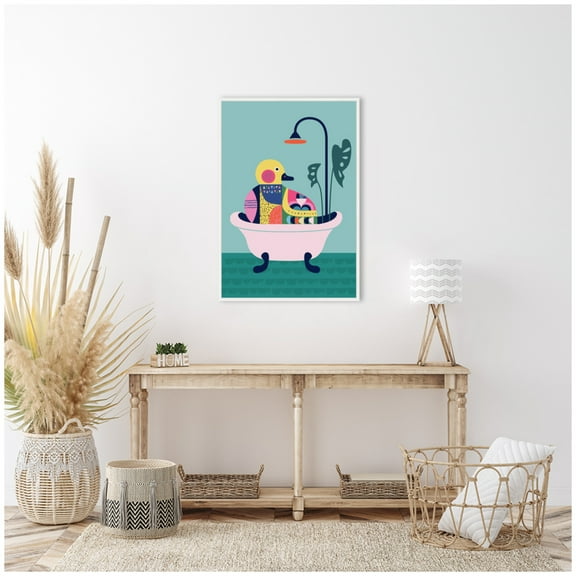 Kate and Laurel Modern Teal Little Duckie in Bathtub Framed Canvas Wall Art by Rachel Lee 23 x 33 Sylvie White, Modern Contemporary, Animals, Bathroom, Abstract Art for Wall Decor, Living Room