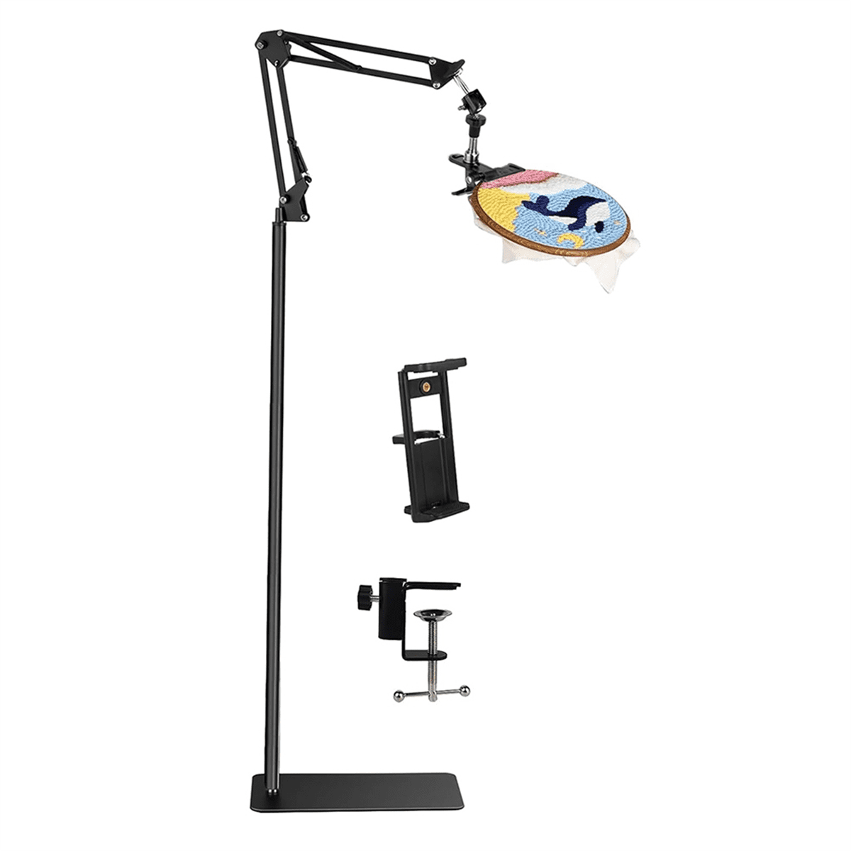 Black Adjustable Embroidery Hoop Stand, 3-in-1 Hoop/Tablet/Phone Holder Floor 360° Rotatable
