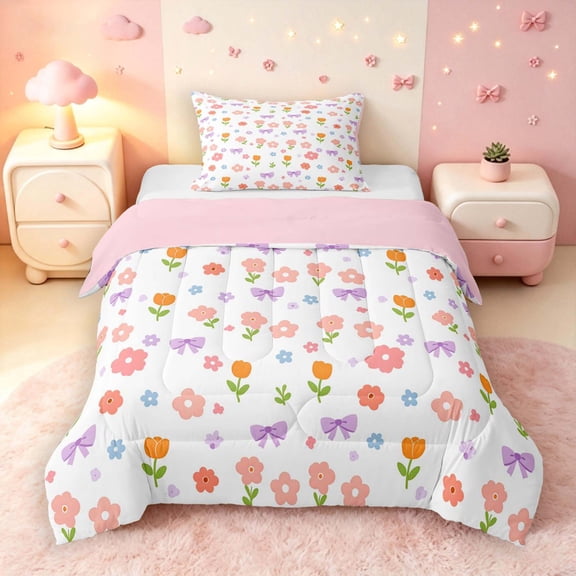 Manfei Kawaii Floral Bowtie Twin Comforter Sets,Cute Cartoon Themed Bedding Set,White Pink,Pink Reversible,2 Pieces,1 Comforter and 1 Pillowcase