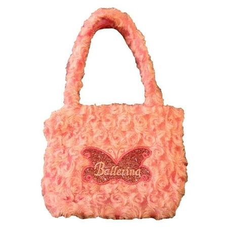 - Girls Pink Fuzzy Velvet Glitter Butterfly Ballerina Applique Purse