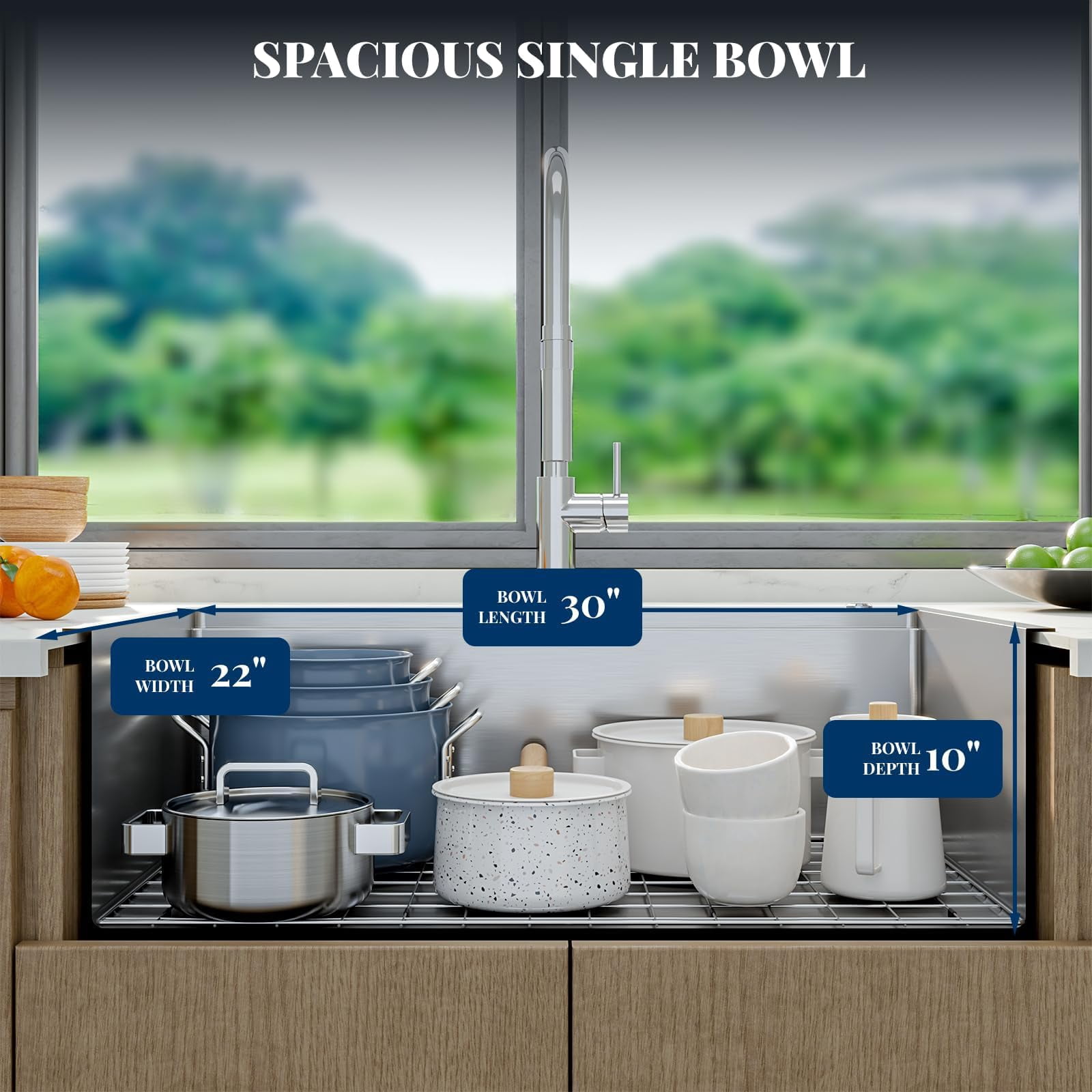 30 x 22 Inch Drop-In Kitchen Sink, T304 Stainless Steel Single Bowl Top Mount, Reveal Rim, 10" Deep Brushed Finish, Bottom Grid and Drain Included