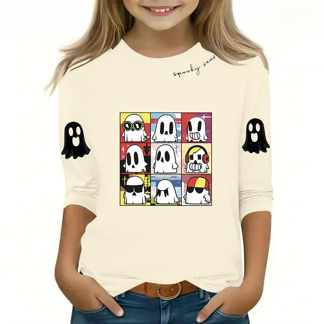Chemises d'Halloween pour Enfants, Haut à Manches 3/4 Col Rond avec Imprimés de Vacances, Chemise Décontractée Confortable pour Garçons et Filles de 3 à 12 Ans